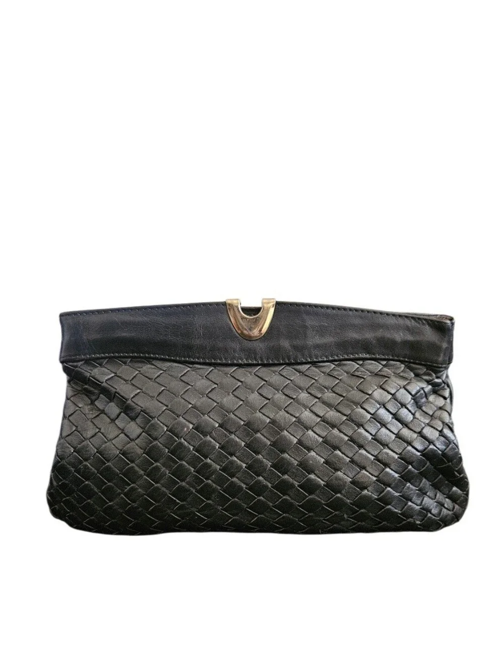 Vintage Black Intrecciato Woven Leather Clutch With Gold Accent
